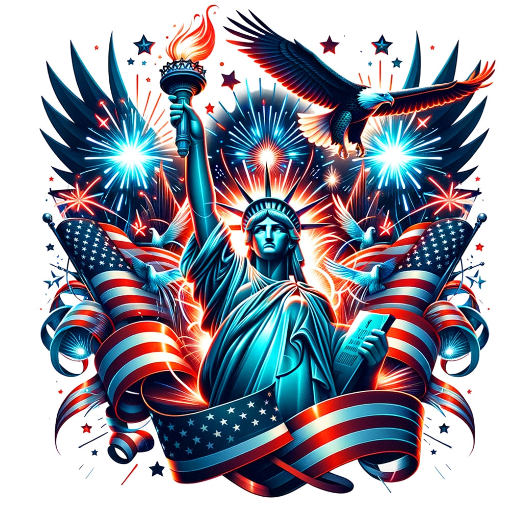 God Bless America Fabric Panel 11 featuring Statue of Liberty, American flags, eagle, and fireworks in patriotic colors.