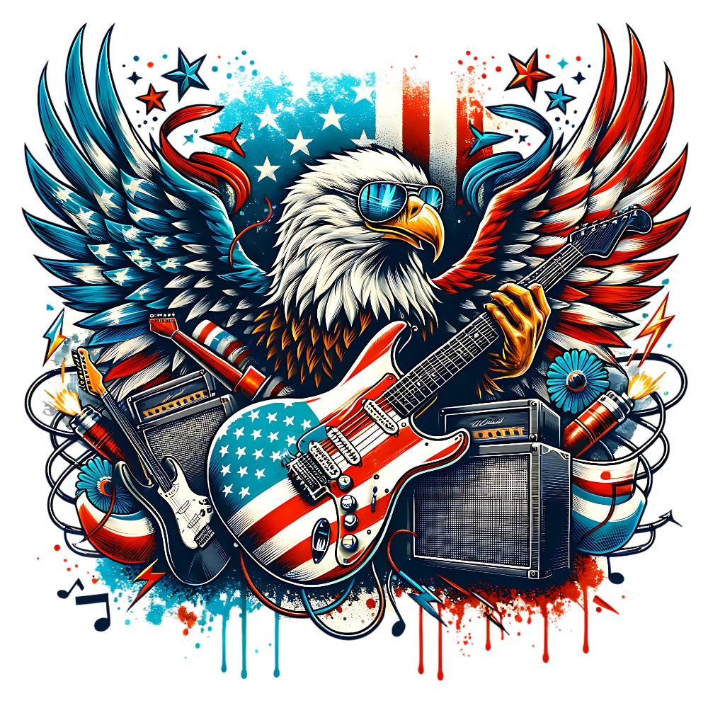 God Bless America Fabric Panel 3 featuring an eagle with American flag guitar and patriotic colors on premium cotton fabric.