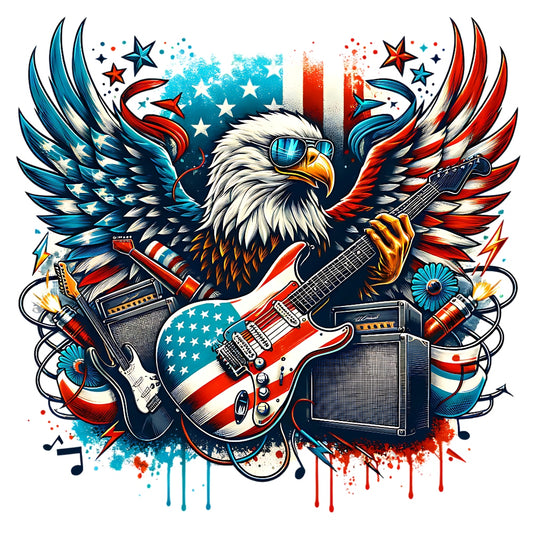 God Bless America Fabric Panel 3 featuring an eagle with American flag guitar and patriotic colors on premium cotton fabric.
