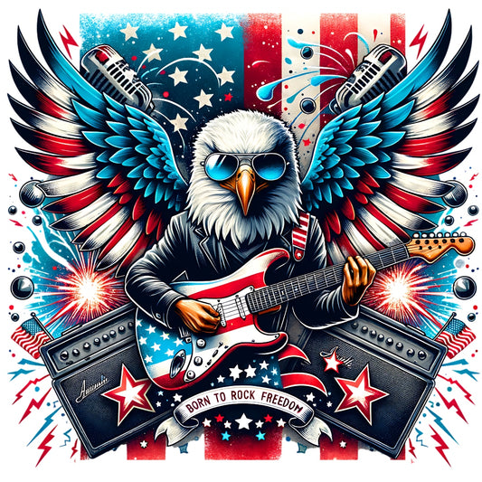 God Bless America Fabric Panel 4 showing patriotic eagle with guitar, stars, stripes, and vintage microphones in red, white, and blue.