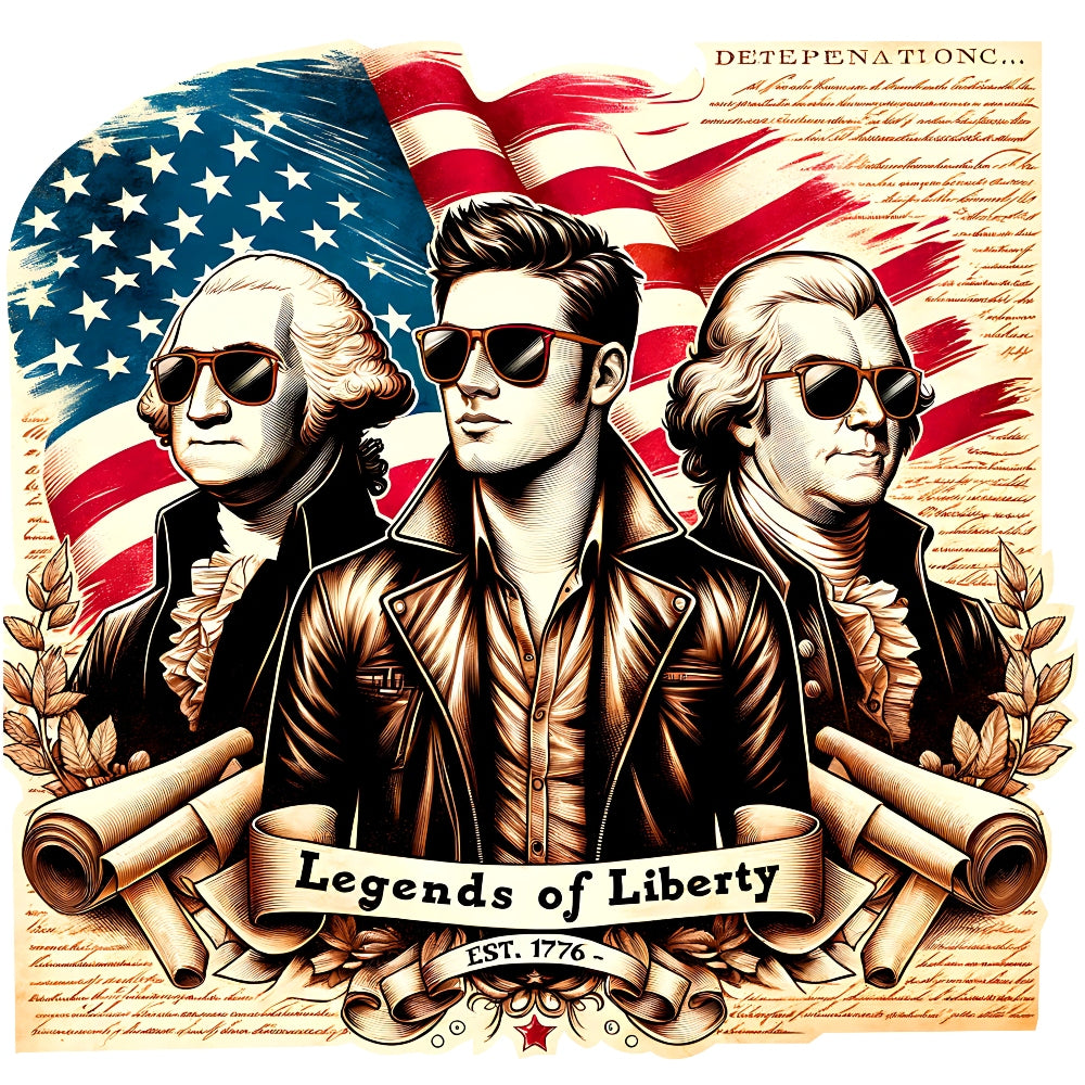 God Bless America Fabric Panel 5 with stylish patriots in sunglasses, American flag, and historic liberty theme illustration.