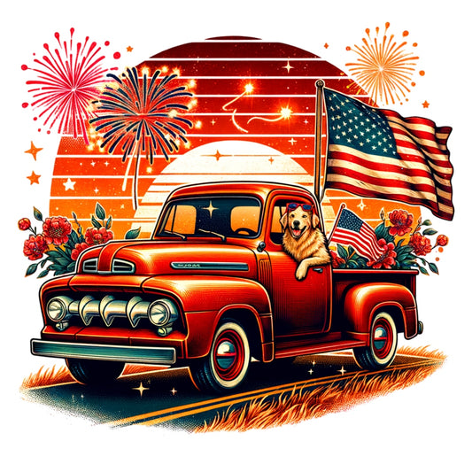 God Bless America Fabric Panel 6 featuring a vintage red truck with American flags, fireworks, and a dog in the driver's seat.