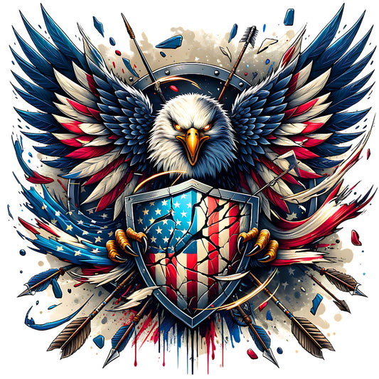 God Bless America Fabric Panel 7 featuring a fierce eagle with American flag wings holding a shield with stars and stripes.