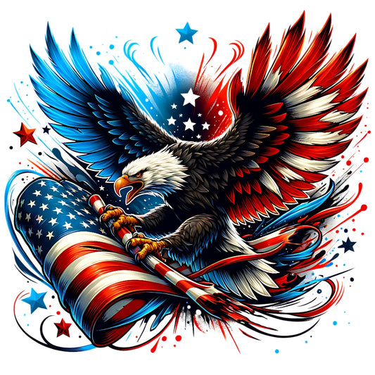 God Bless America Fabric Panel 9 featuring a vibrant bald eagle with red, white, and blue wings clutching a flagpole.