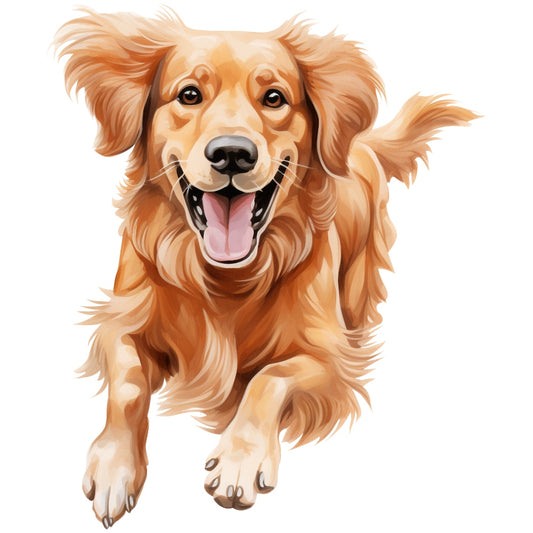 Golden Retrieve Fabric Panel featuring a detailed, vibrant illustration of a joyful golden retriever dog on premium quilting cotton.