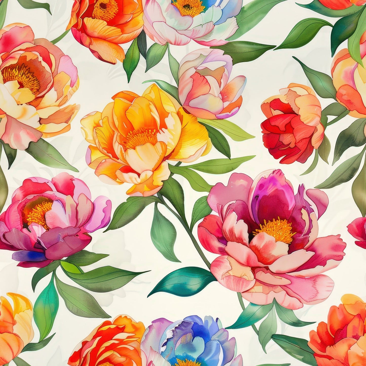 Handpainted Watercolor Peonies Pattern 5 Quilting Cotton Fabric