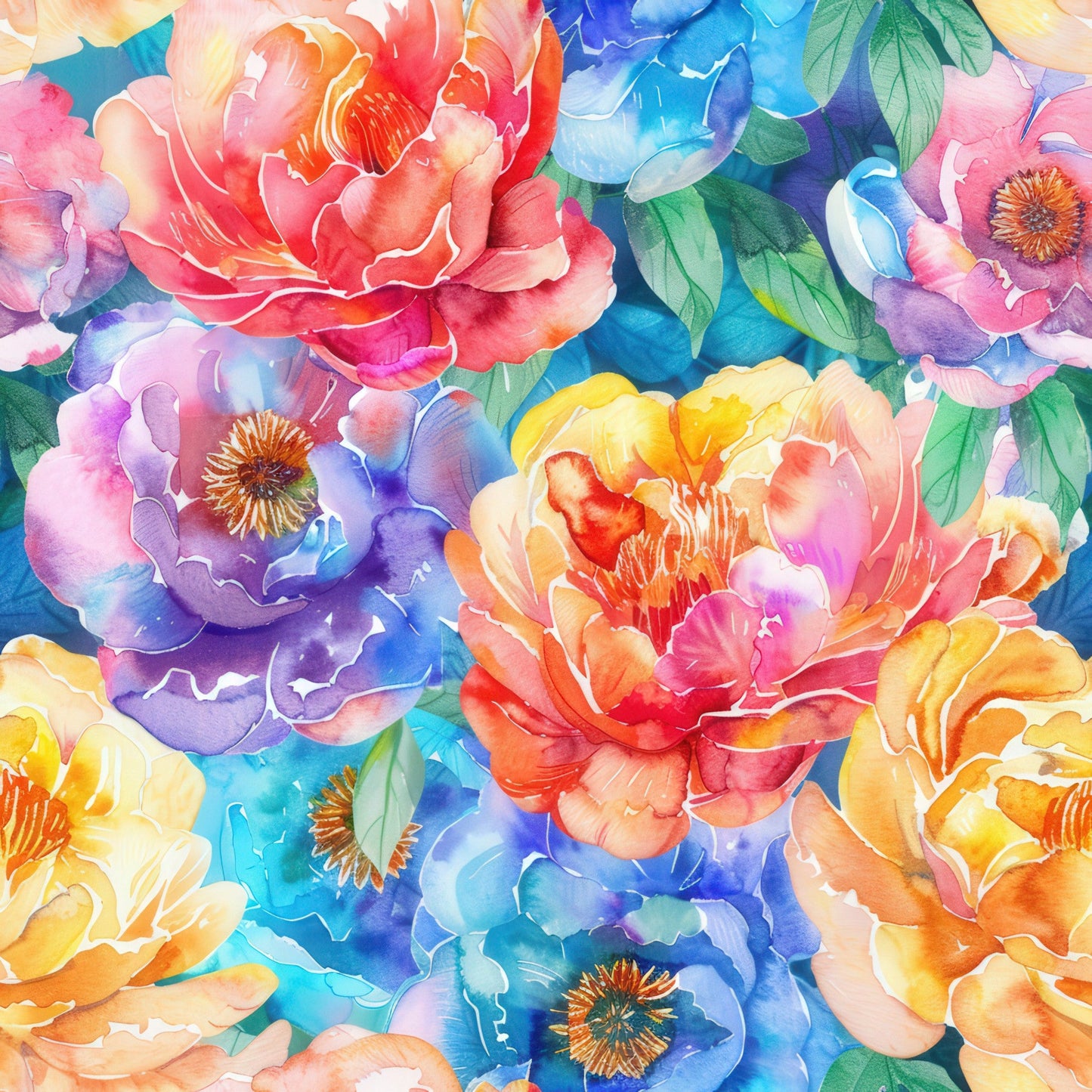Handpainted Watercolor Peonies Pattern 6 Quilting Cotton Fabric