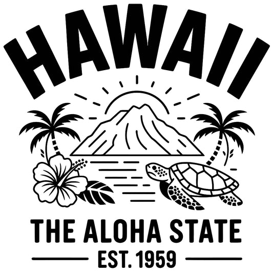 Hawaii Black and White Fabric Panel featuring a mountain, palm trees, hibiscus flower, turtle, and "The Aloha State EST. 1959" text design.