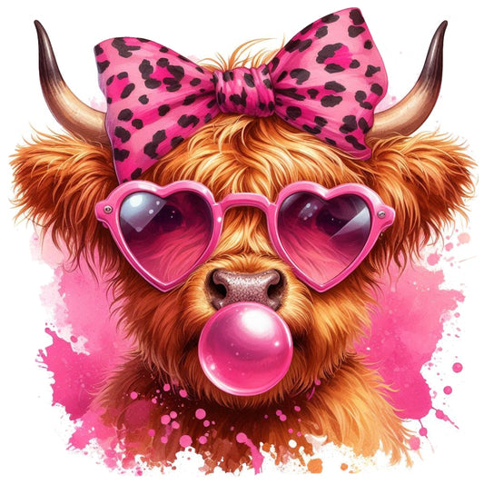 Highland Cow Blowing Bubble with pink heart sunglasses and leopard print bow on vibrant pink splash background.