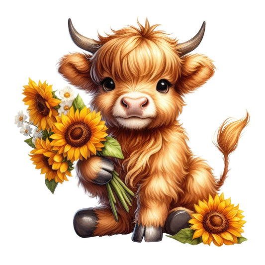 Highland Cow With Sunflowers Fabric Panel 1 features a cute highland calf holding bright sunflowers on premium quilting cotton.