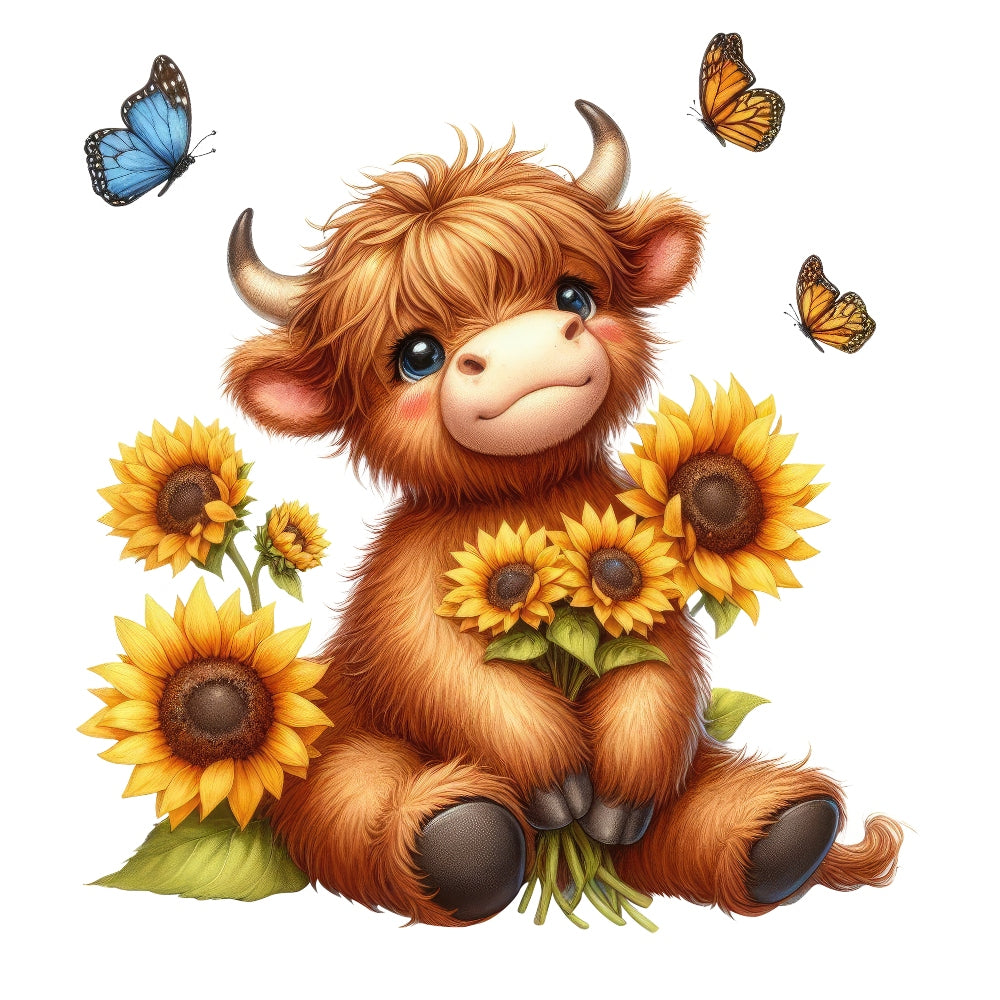 Highland Cow With Sunflowers Fabric Panel 10 featuring a cute highland cow holding sunflowers surrounded by butterflies on white background.