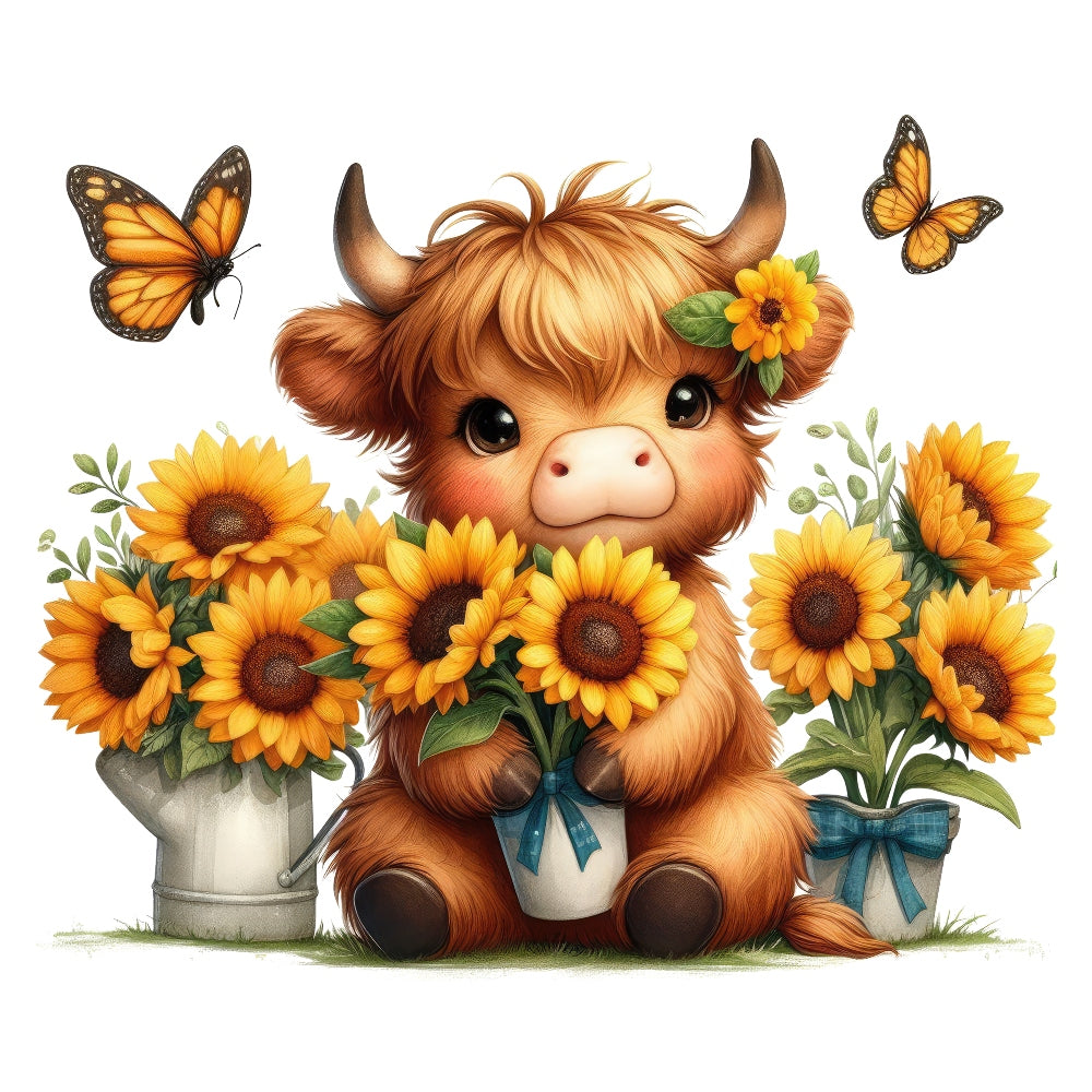 Highland Cow With Sunflowers Fabric Panel 11 featuring a cute baby highland cow with sunflowers and butterflies on premium quilting cotton.