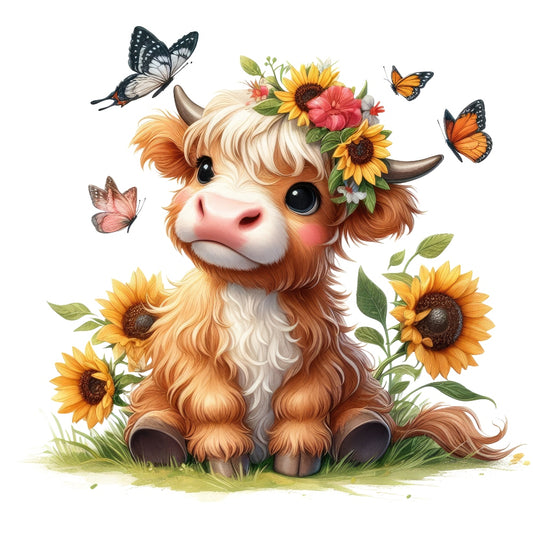 Highland Cow With Sunflowers Fabric Panel 13 featuring a cute highland calf with a sunflower crown and butterflies on white background