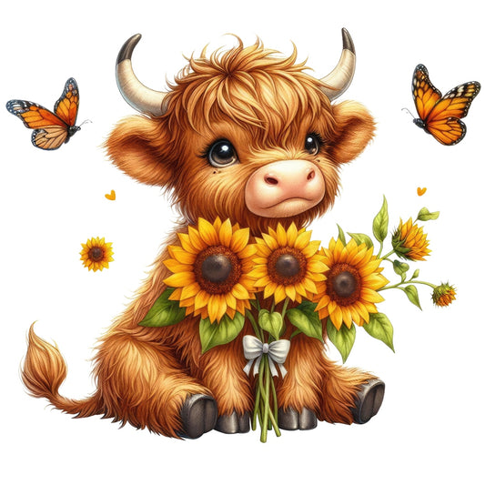 Highland Cow With Sunflowers Fabric Panel 14 showing a cute highland cow holding bright sunflowers surrounded by butterflies on premium cotton.