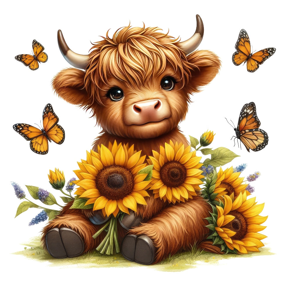 Highland Cow With Sunflowers Fabric Panel 2 features a cute highland calf surrounded by bright sunflowers and orange butterflies.