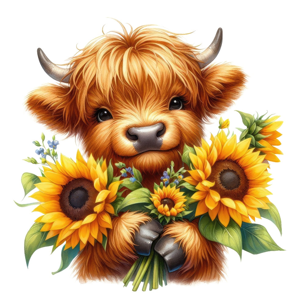 Highland Cow With Sunflowers Fabric Panel 3 featuring a cute fluffy Highland cow holding vibrant sunflowers bouquet on white background.