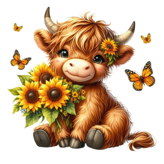 Highland Cow With Sunflowers Fabric Panel 5 featuring a cute highland calf holding sunflowers surrounded by butterflies in bright colors.
