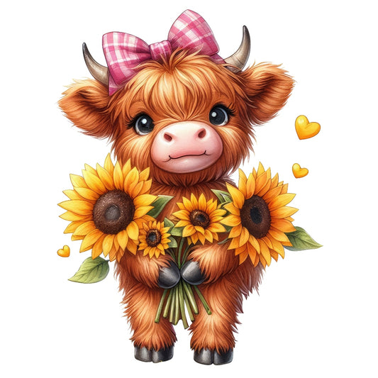 Highland Cow With Sunflowers Fabric Panel 6 featuring a cute highland cow holding sunflowers with a pink bow.