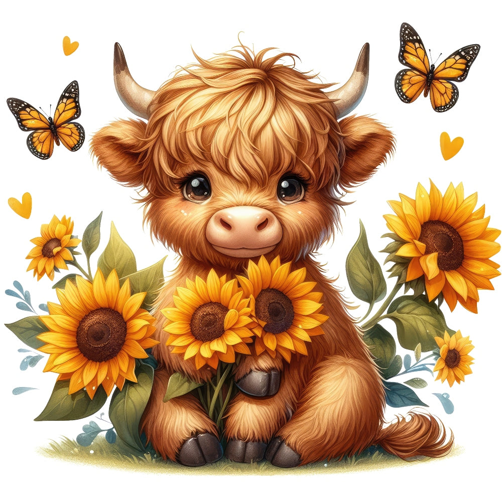 Highland Cow With Sunflowers Fabric Panel 7 featuring a cute highland calf with sunflowers and butterflies on premium quilting cotton.