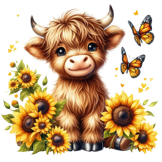 Highland Cow With Sunflowers Fabric Panel 8 featuring a cute highland calf surrounded by vibrant sunflowers and butterflies in bright colors
