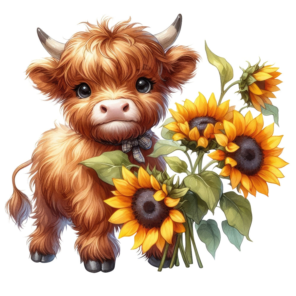 Highland Cow With Sunflowers Fabric Panel 9 featuring a cute fluffy calf holding a bouquet of bright sunflowers on premium quilting cotton.