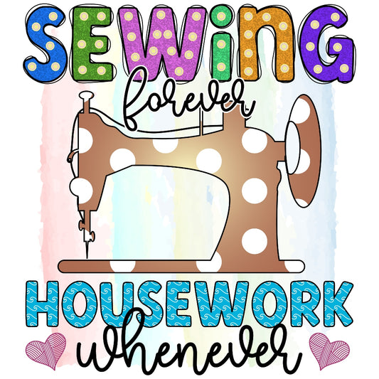 Housework Whenever Fabric Panel features colorful sewing theme with vintage sewing machine on premium quilting cotton.