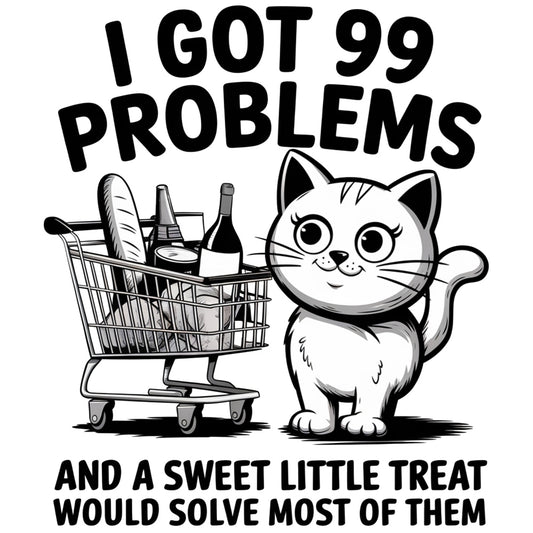 I Got 99 Problems Fabric Panel featuring a cute cat and shopping cart with groceries printed on premium quilting cotton.