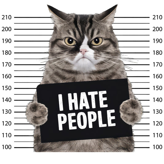 I Hate People Angry Cat Mugshot Fabric Panel featuring a grumpy cat holding a sign with measuring lines background.
