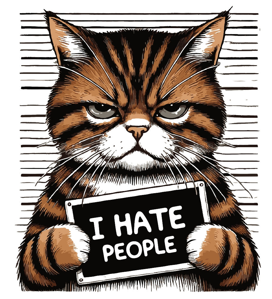 I Hate People Cat Mugshot Fabric Panel featuring a grumpy cat holding a sign with bold text on premium quilting cotton.