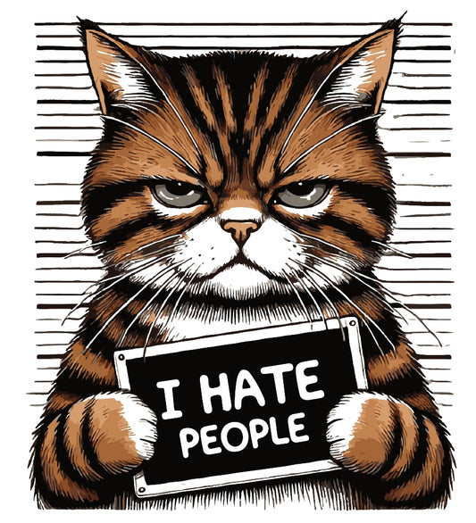 I Hate People Cat Mugshot Fabric Panel featuring a grumpy cat holding a sign with bold text on premium quilting cotton.