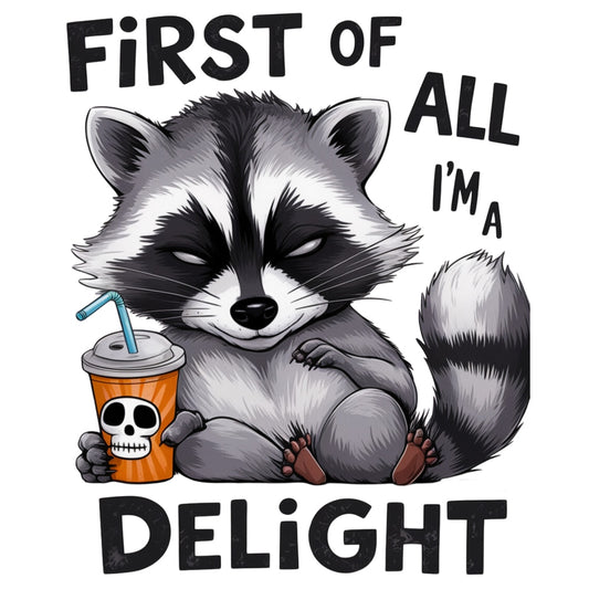 I'm A Delight Fabric Panel featuring a cute raccoon holding a skull cup with bold typography print on premium quilting cotton.