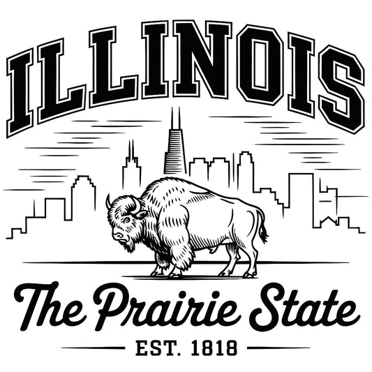 Illinois Black and White Fabric Panel featuring a bison and Chicago skyline with The Prairie State text EST 1818 design