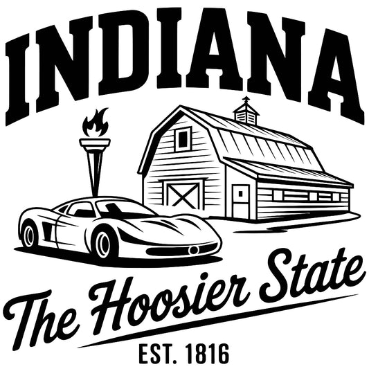 Indiana Black and White Fabric Panel featuring a sports car, barn, torch, and The Hoosier State text, printed on premium cotton.