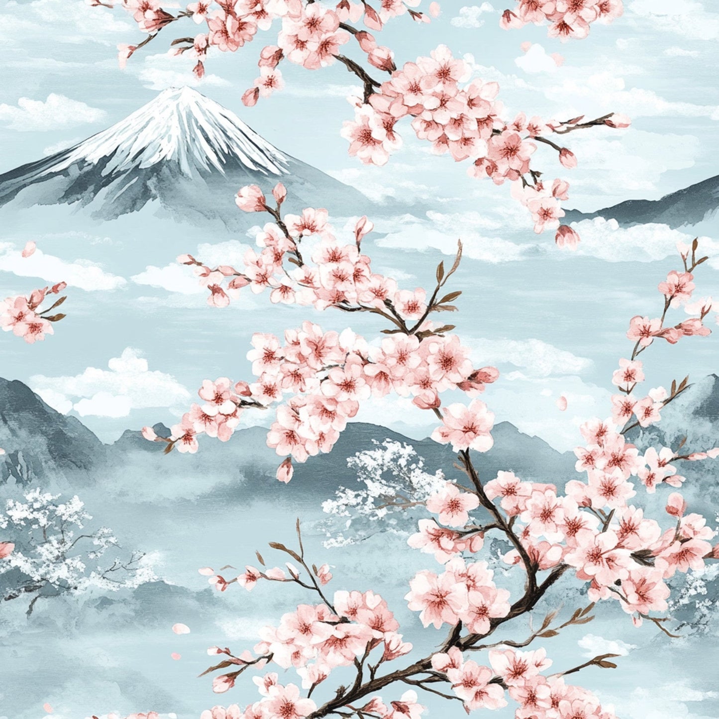 Japanese Cherry Blossom Fuji Pattern 6 Quilting Cotton Fabric