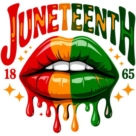 Juneteenth Lips Fabric Panel featuring colorful dripping lips in red, orange, and green with 1865 celebrating freedom and heritage.