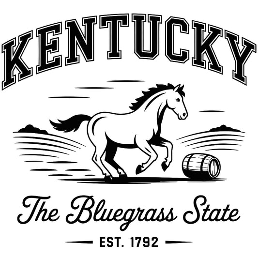 Kentucky Black and White Fabric Panel featuring running horse, barrel, and text The Bluegrass State est. 1792 in classic design