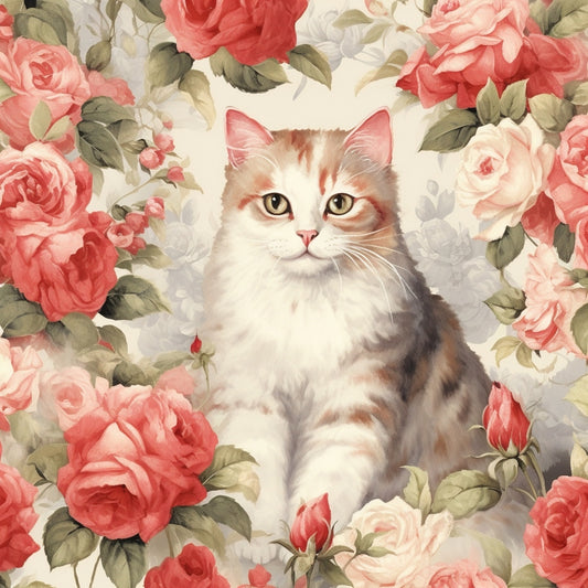 Kittens in the Rose Garden Fabric Panel 1 features a detailed cat surrounded by lush pink and red roses on premium quilting cotton.