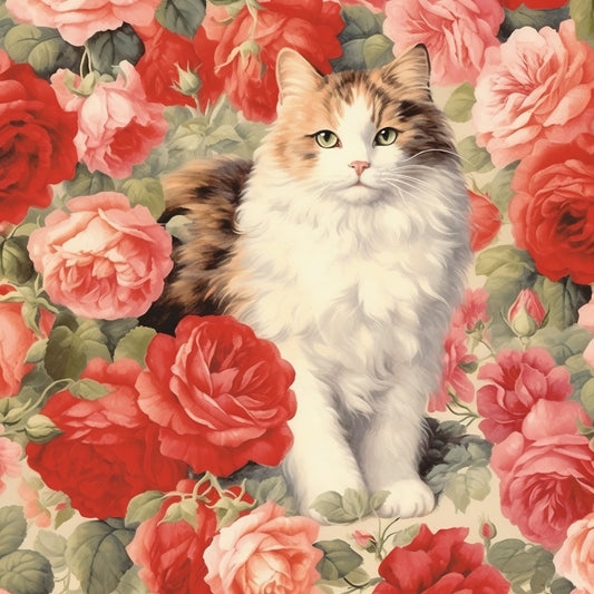 Kittens in the Rose Garden Fabric Panel 10 featuring a fluffy cat surrounded by vibrant red and pink roses on premium quilting cotton.