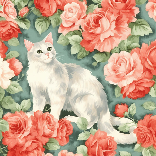 Kittens in the Rose Garden Fabric Panel 11 features a white kitten surrounded by lush pink and coral roses on premium cotton.