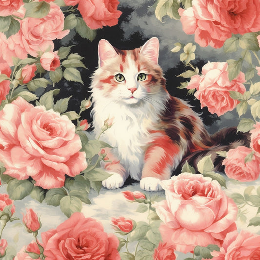 Kittens in the Rose Garden Fabric Panel 12 featuring a calico kitten surrounded by pink roses on premium quilting cotton fabric.