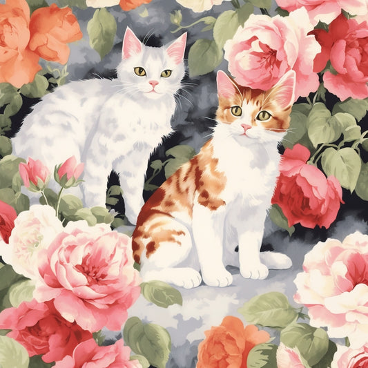 Kittens in the Rose Garden Fabric Panel 2 featuring two kittens surrounded by pink and orange roses on premium quilting cotton fabric.