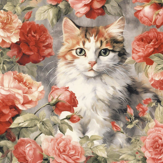 Kittens in the Rose Garden Fabric Panel 3 showing a fluffy kitten surrounded by vibrant pink and red roses on premium quilting cotton.