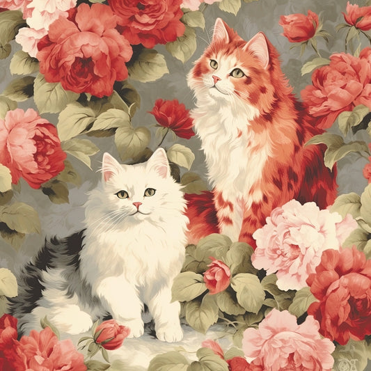 Kittens in the Rose Garden Fabric Panel 4 shows two fluffy cats among vibrant pink and red roses on premium quilting cotton.