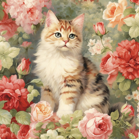 Kittens in the Rose Garden Fabric Panel 5 featuring a detailed kitten surrounded by vibrant roses and lush greenery.