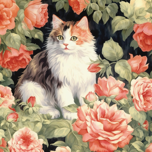 Kittens in the Rose Garden Fabric Panel 6 showing a fluffy cat surrounded by blooming coral and pink roses on quilting cotton.
