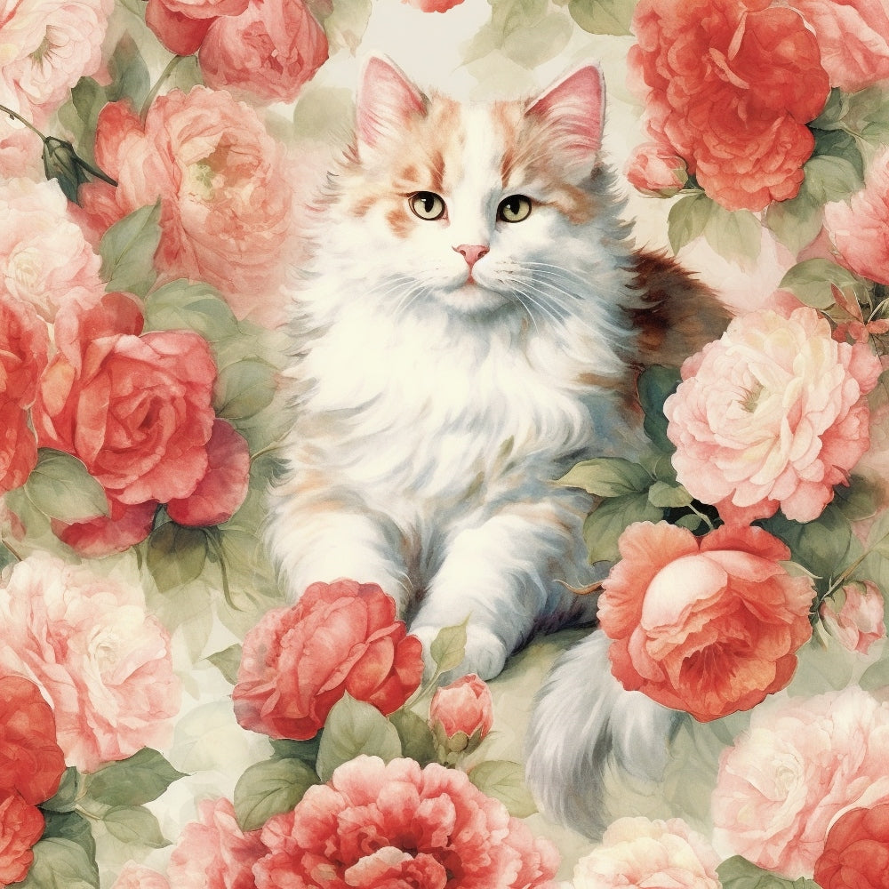 Kittens in the Rose Garden Fabric Panel 7 features a fluffy white and orange kitten surrounded by lush pink and coral roses.