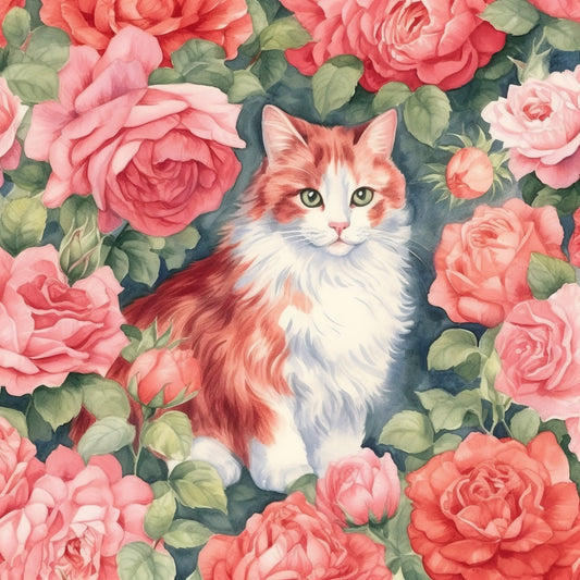 Kittens in the Rose Garden Fabric Panel 8 showing a fluffy orange and white kitten surrounded by blooming pink and red roses.
