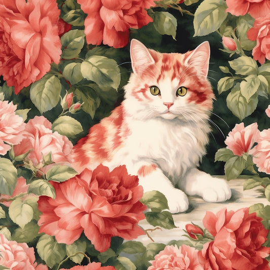 Kittens in the Rose Garden Fabric Panel 9 with detailed orange and white kitten surrounded by lush coral and pink roses on premium quilting cotton.