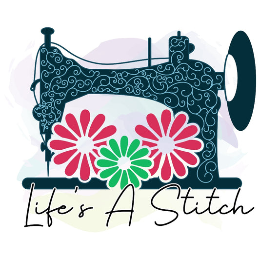 Life's A Stitch Fabric Panel featuring vintage sewing machine with decorative floral patterns in vibrant colors.