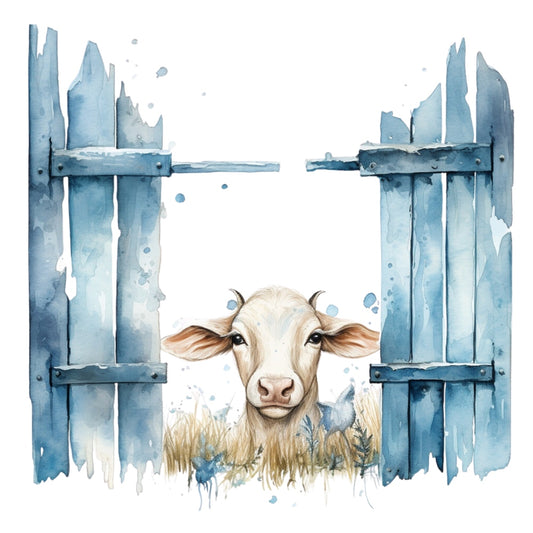 Light Blue Farm Animals Fabric Panel 1 featuring a watercolor cow peeking through rustic blue farm gates on premium quilting cotton.
